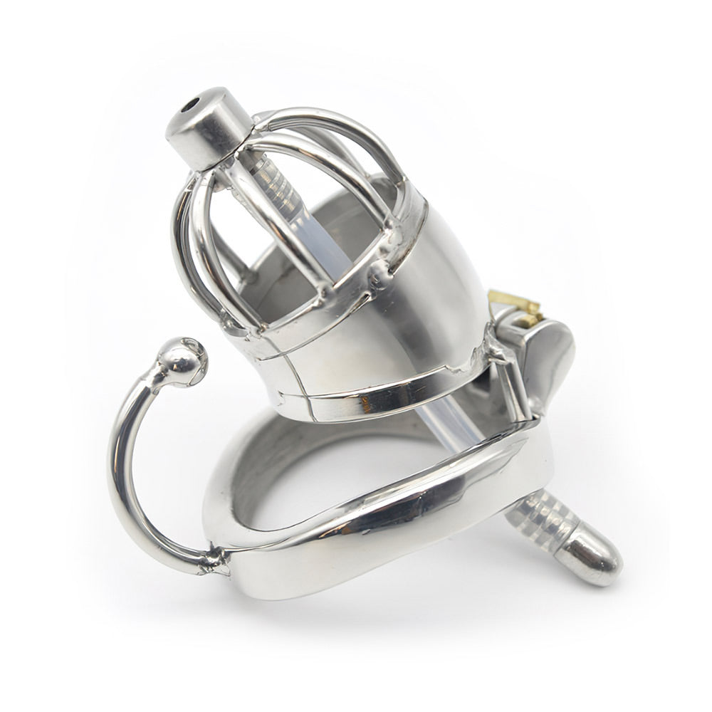 Steel Flat Chastity Cage With Urethral Tube For Sissy Training