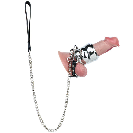 Metal Cock Support Chastity Ring with Leash